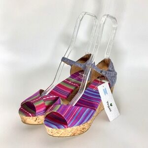 NEW TOMS Women's 9 Multicolor Fabric Wedge Sandals Cork Heels Tribal Striped